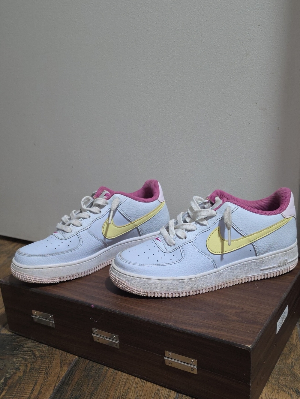 Nike White Sneakers with Yellow Swoosh and Pink Lining